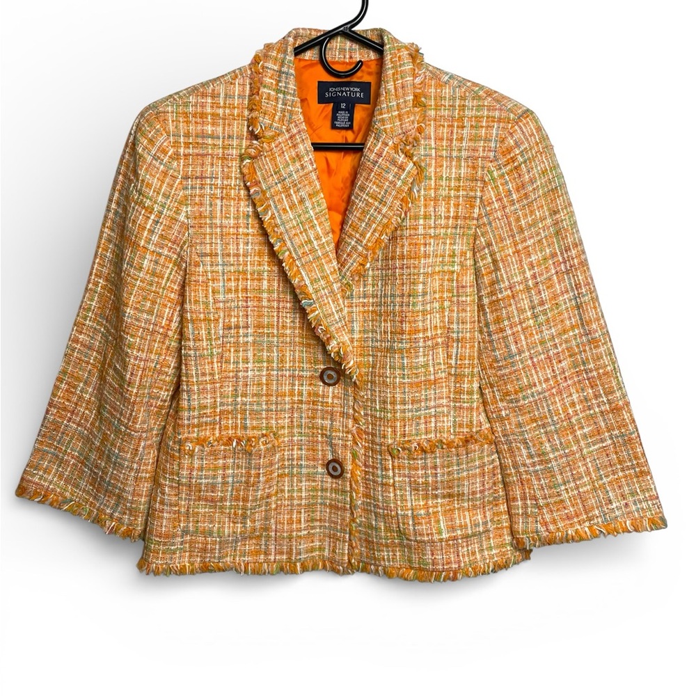 Jones New York Women's Vibrant Orange Plaid fringe lined Blazer size 12